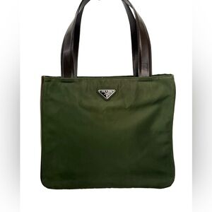 •••SOLD•••Prada Vintage Dark Green Nylon Leather Zip Tote Shoulder Bag
